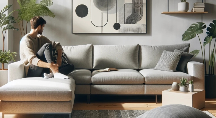imagen generada con dalle3 de un chico sentado sobre un sofá en un ambiente decorativo moderno