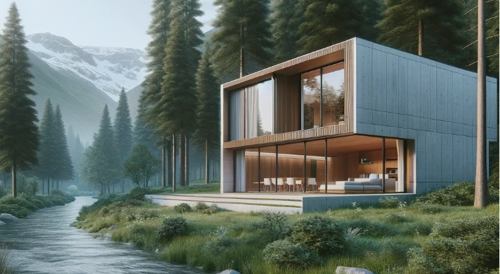 imagen generada con dalle3 de una casa moderna de madera y cemento en un bosque cerca de un río