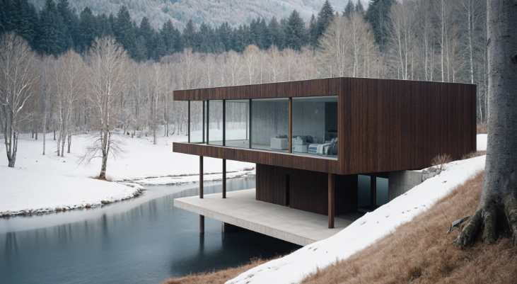 imagen generada con ia pikaso de freepik de una casa moderna realista cerca de un río en un bosque