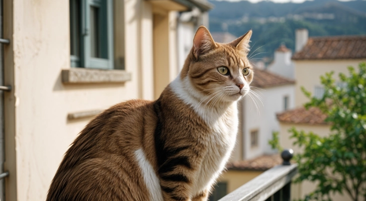 imagen generada con ia pikaso de freepik de un gatos en un balcón muy realista